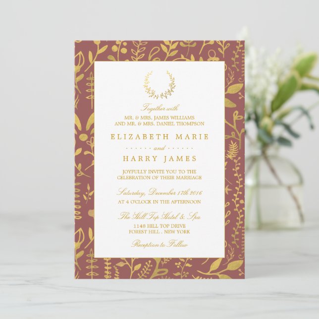 Elegant Gold Floral Wreath Wedding Invitation (Standing Front)