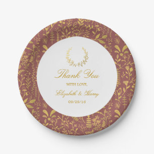 Elegant Gold Floral Wreath Wedding Paper Plate