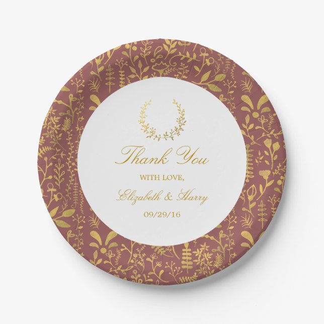 Elegant Gold Floral Wreath Wedding Paper Plate (Front)