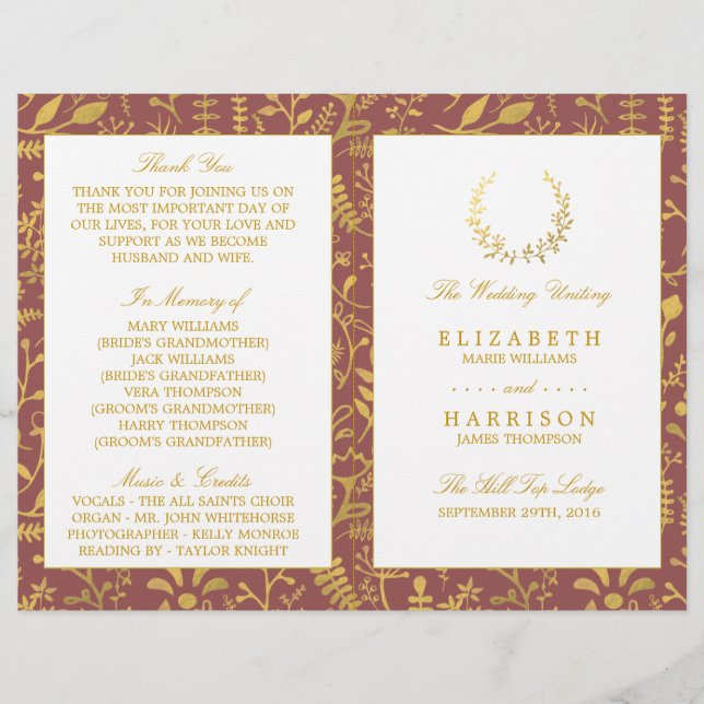 Elegant Gold Floral Wreath Wedding Program (Front)