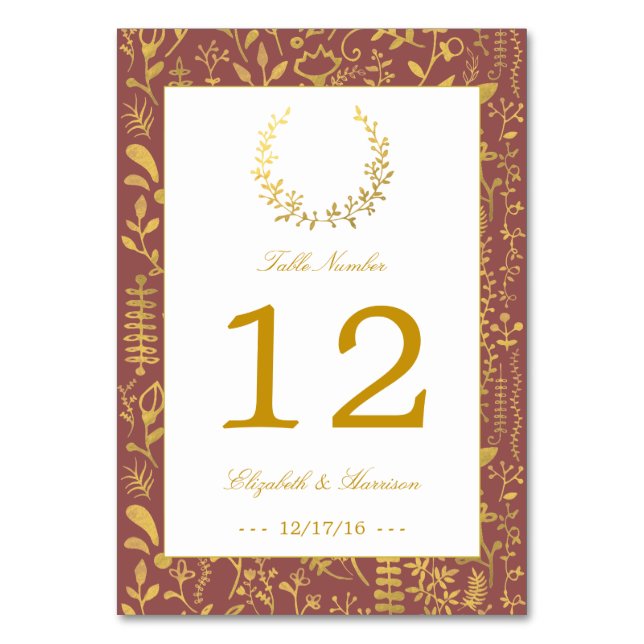 Elegant Gold Floral Wreath Wedding Table Number (Front)