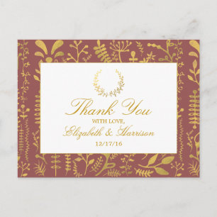Elegant Gold Floral Wreath Wedding Thank You Postcard