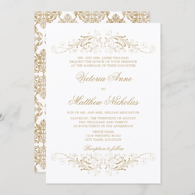 Elegant Gold Flourish and Damask Invitation (Front/Back)