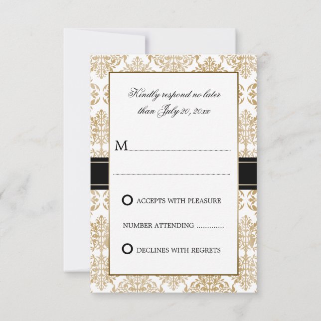 Elegant Gold Flourish and Damask RSVP (Back)