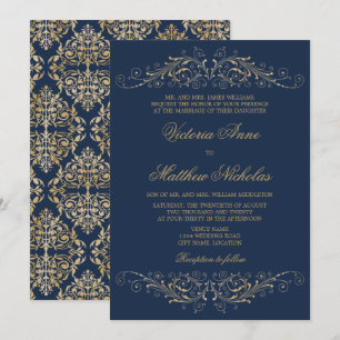 Elegant Gold Flourish Damask Navy Blue Invitation