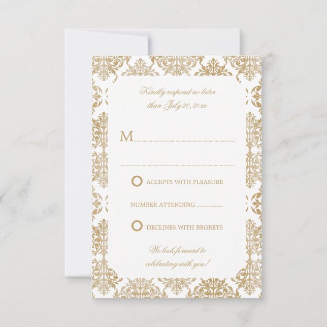 Elegant Gold Flourish Damask RSVP Invitation (Back)