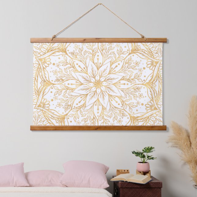 Elegant Gold Flower Mandala White Design Hanging Tapestry (Bedroom)
