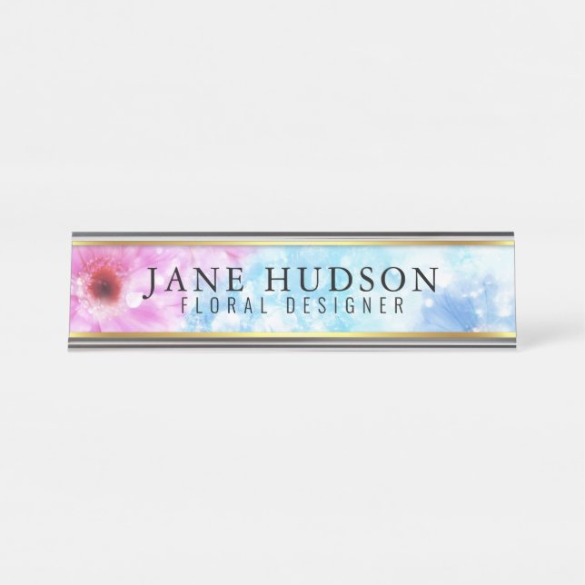 Elegant Gold Flower Modern Desk Name Plate (Front)