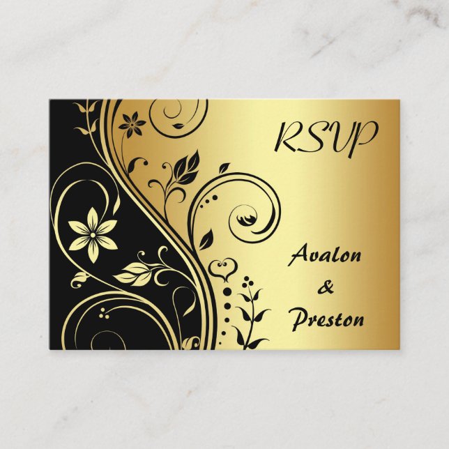 Elegant Gold Flower Scrollwork RSVP Wedding Card (Front)