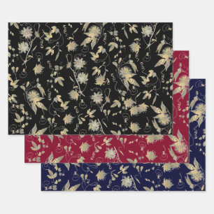 Elegant Gold Flowers Black Burgundy Navy Wrapping Paper Sheet