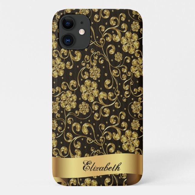 Elegant Gold Flowers,Black -Personalised Case-Mate iPhone Case (Back)