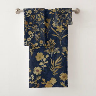 Elegant Gold Flowers Blue Botanical Bath Towel Set