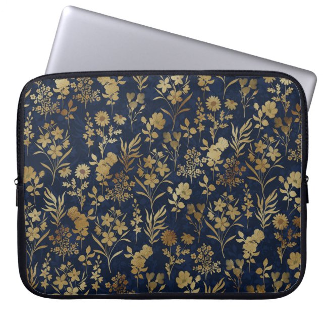 Elegant Gold Flowers Blue Botanical Laptop Sleeve (Front)