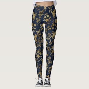 Elegant Gold Flowers Blue Botanical Leggings