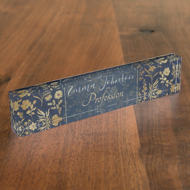 Elegant Gold Flowers Blue Botanical Nameplate (Side)