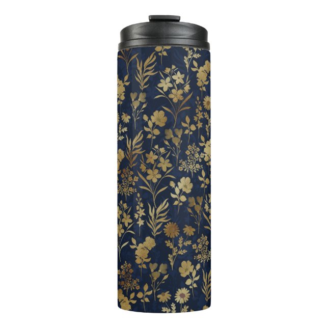 Elegant Gold Flowers Blue Botanical Thermal Tumbler (Front)