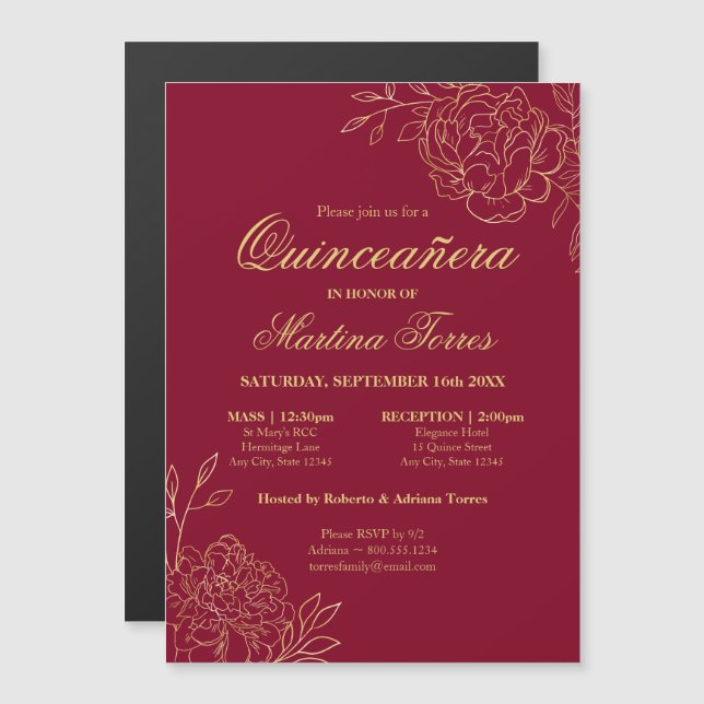 Elegant Gold Flowers Burgundy Floral Quinceanera Magnetic Invitation (Front/Back)