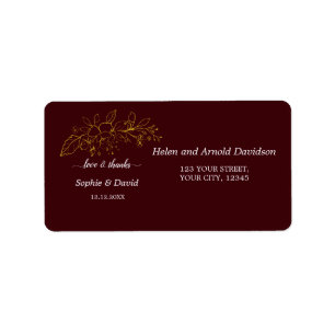 Elegant Gold Flowers Deep Burgundy Wedding Return Label
