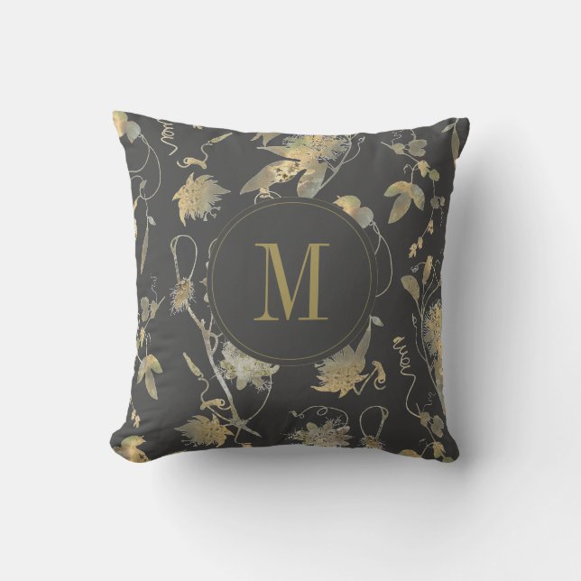 Elegant Gold Flowers Grey Floral Monogram Cushion (Front)