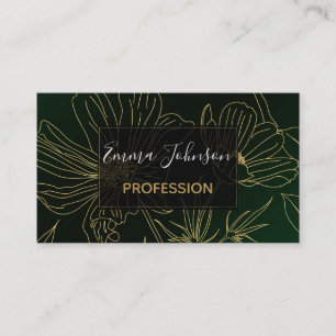 Elegant Gold Flowers Outline Green Gradient Design Business Card
