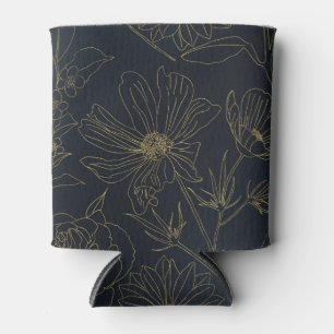 Elegant Gold Flowers outlines Blue gradient design Can Cooler