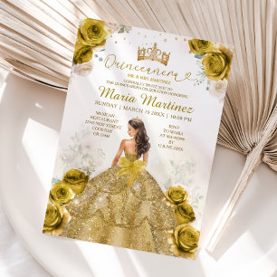 Elegant Gold Flowers Princess Dress Quinceañera Invitation