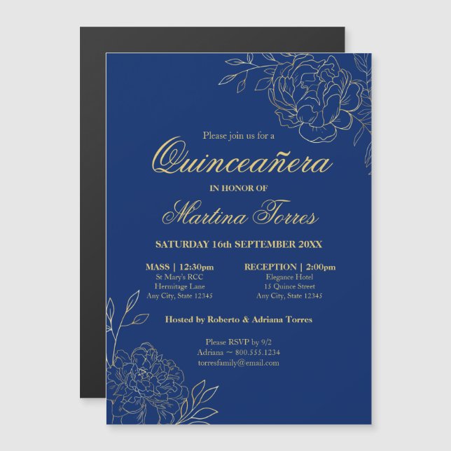 Elegant Gold Flowers Royal Blue Floral Quinceanera Magnetic Invitation (Front/Back)