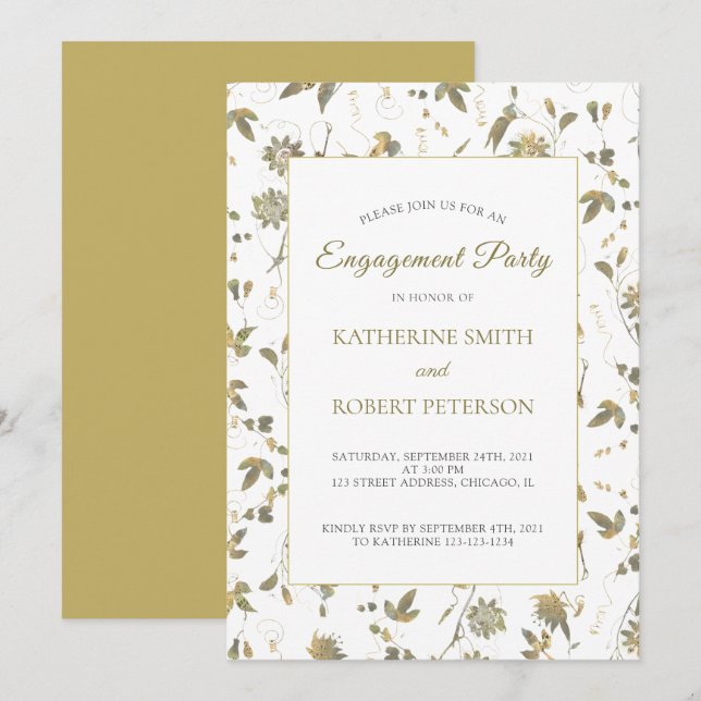 Elegant Gold Flowers Vine Engagement Invitation (Front/Back)