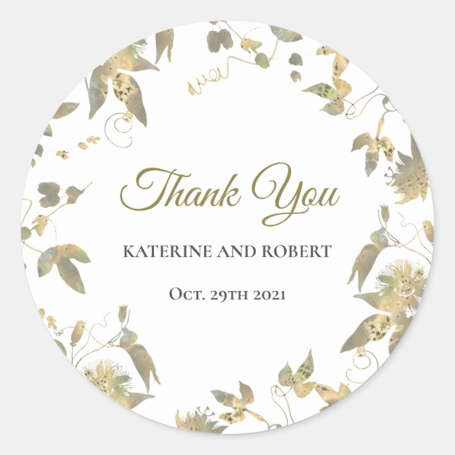 Elegant Gold Flowers Vine Wedding Classic Round Sticker (Front)