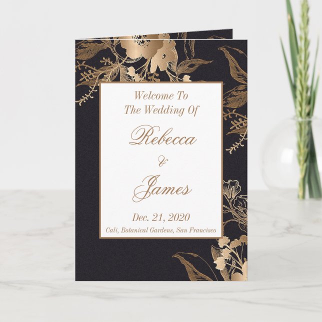 Elegant Gold Flowery Roses Buds Wedding Folded Programme (Front)