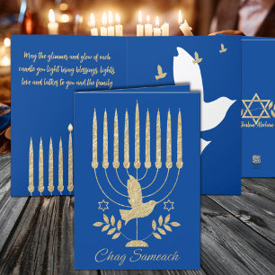 Elegant Gold Flying Dove Menorah Blue Hanukkah Holiday Card