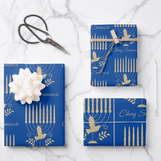 Elegant Gold Flying Dove Menorah Blue Hanukkah Wrapping Paper Sheet (Front)
