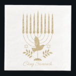 Elegant Gold Flying Dove Menorah Hanukkah Napkin<br><div class="desc">A modern gold and white Hannukah paper napkin featuring a beautiful shimmering gold menorah with a flying dove on a white background.</div>