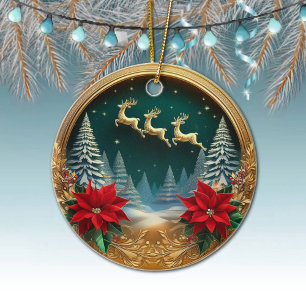 Elegant Gold Flying Reindeer, Poinsettias, Deer 🦌 Ceramic Tree Decoration
