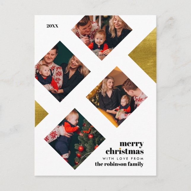 Elegant Gold Foil & 4 Photos Christmas Holiday Postcard (Front)