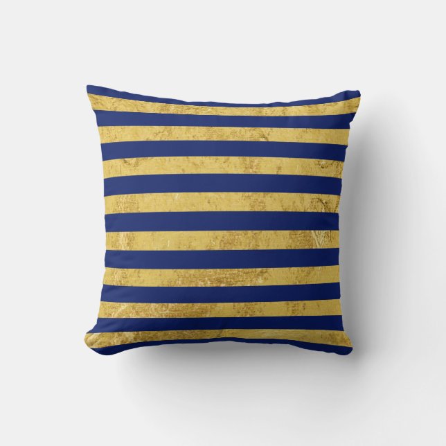Elegant Gold Foil and Blue Stripe Pattern Cushion (Front)