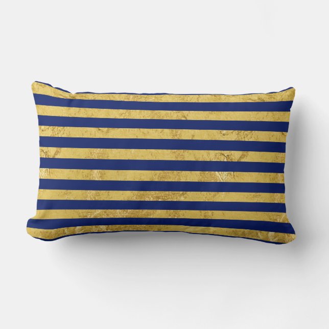 Elegant Gold Foil and Blue Stripe Pattern Lumbar Cushion (Front)