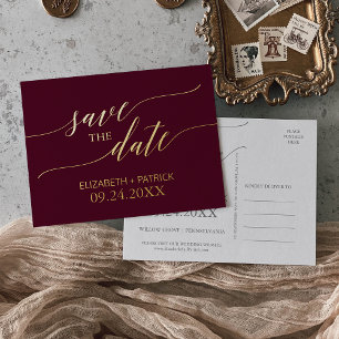 Elegant Gold Foil and Burgundy Save the Date Invitation Postcard