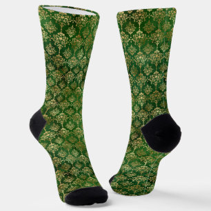Elegant gold foil and green vintage damask pattern socks