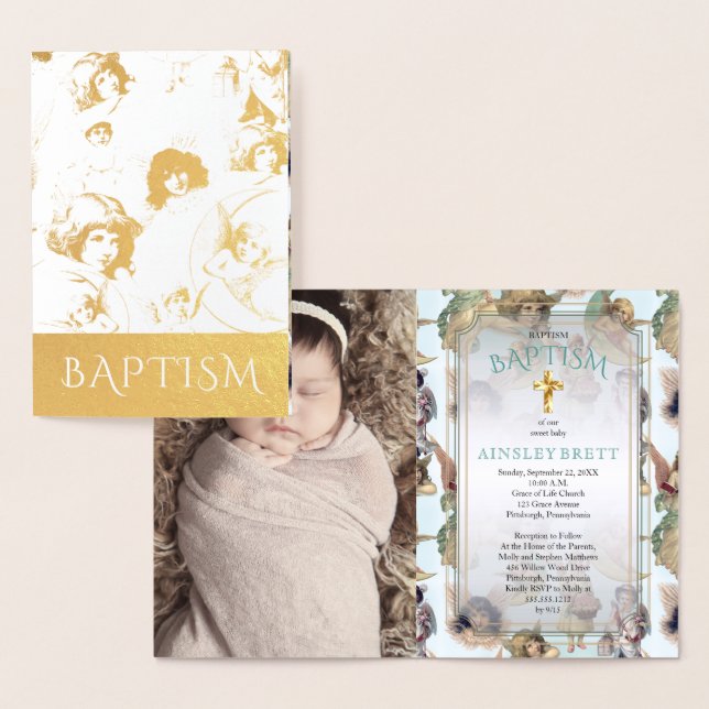 Elegant Gold Foil Angels Baby Girl Photo Baptism Card (Display)