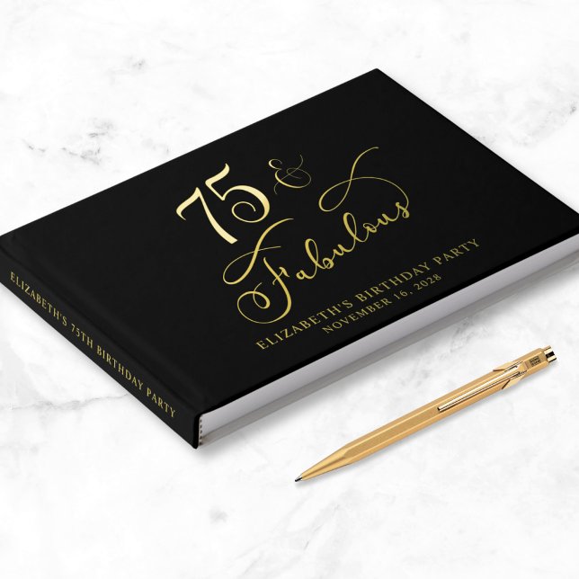 Elegant Gold Foil Black 75th Birthday Party Guest Book (Creator Uploaded)