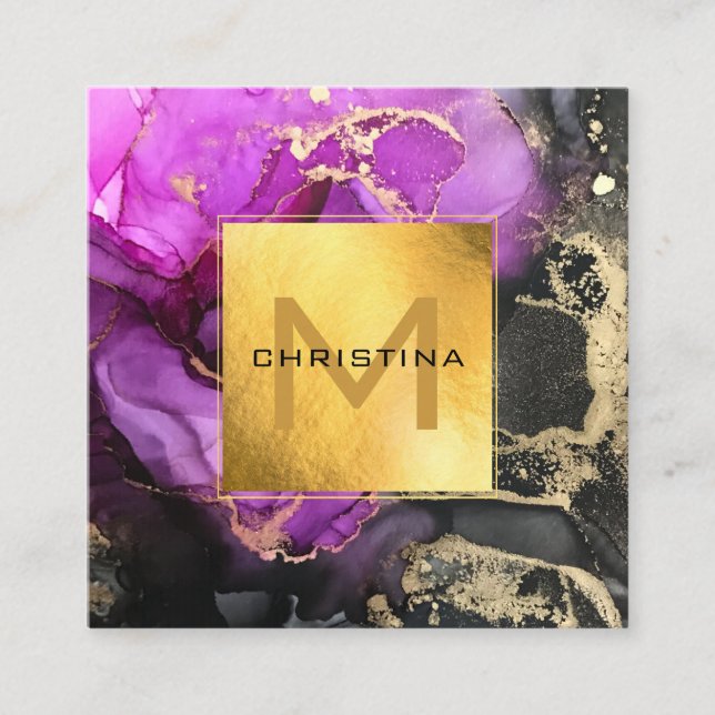 Elegant Gold Foil Black and Purple Ethereal DIY Square Business Card (Front)