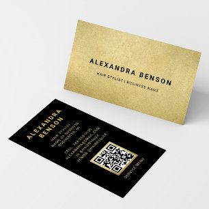 Elegant Gold Foil Black Hair Stylist QR Code Business Card