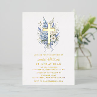 Elegant gold foil blue hydrangea baptism