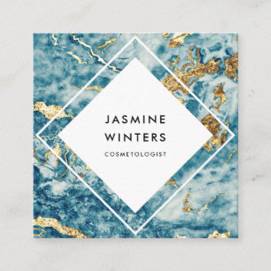 Elegant gold foil blue marble watercolor diamond square business card
