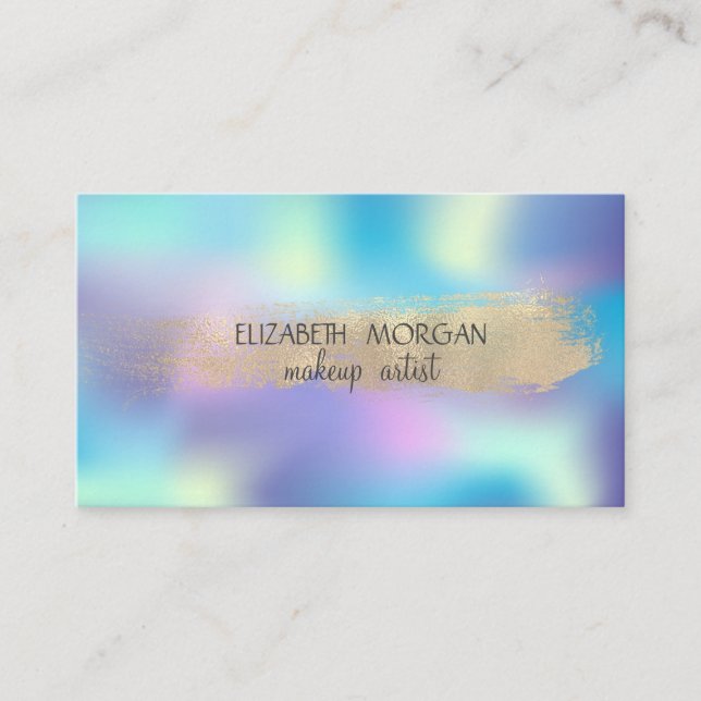 Elegant Gold Foil Brush Stroke,Blue Holographic Business Card (Front)