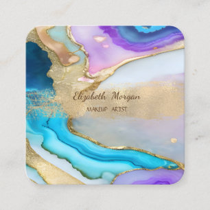 Elegant Gold Foil Brush Stroke,Blue Violet Marble Square Business Card