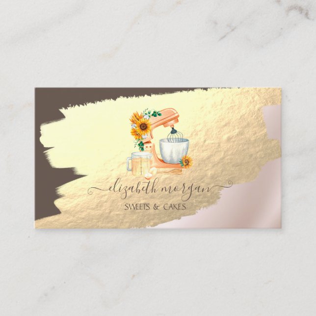 Elegant Gold Foil Brush Stroke,Mixer Sunflowers Business Card (Front)