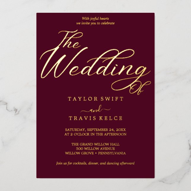 Elegant Gold Foil | Burgundy Frame Wedding  (Front)