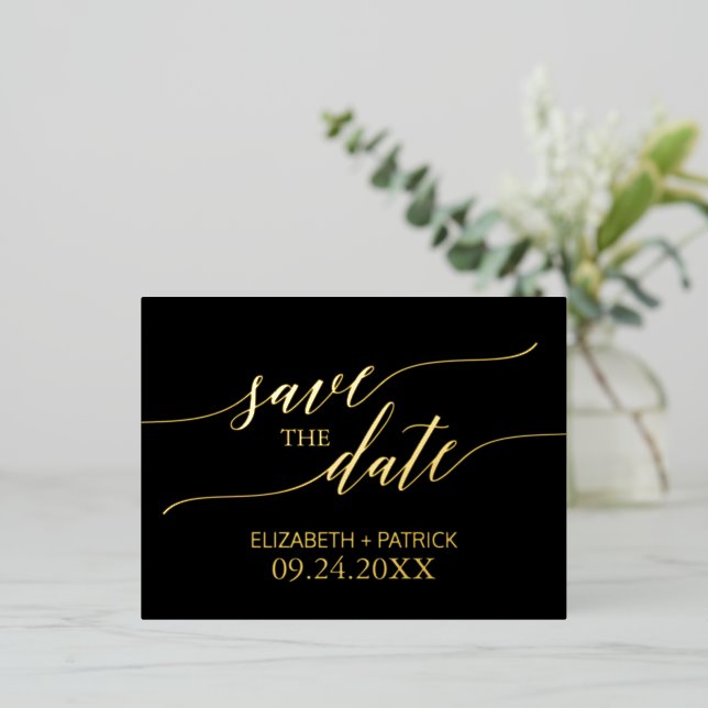 Elegant Gold Foil Calligraphy Black Save the Date Foil Invitation Postcard (Standing Front)